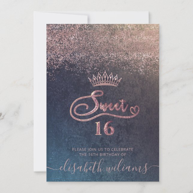 Rose gold confetti ombre tiara Einladung (Vorderseite)