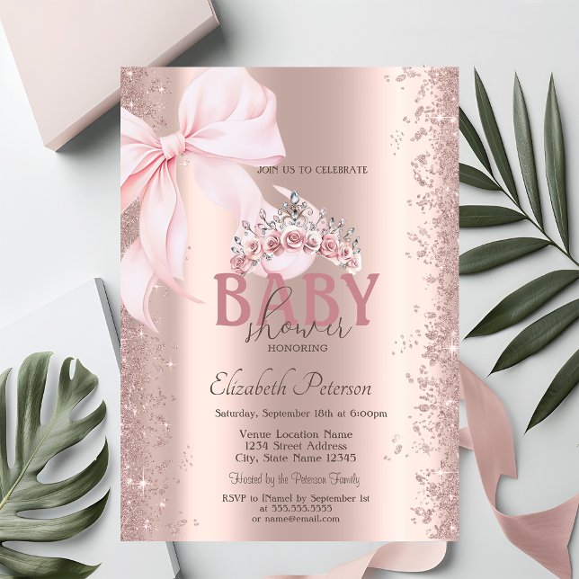 Rose Gold Confetti Pink Bow Crown Baby Shower Einladung (Von Creator hochgeladen)