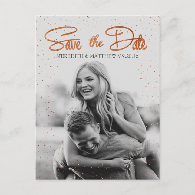 Rose Gold Confetti Save the Date Postkarte (Vorderseite)