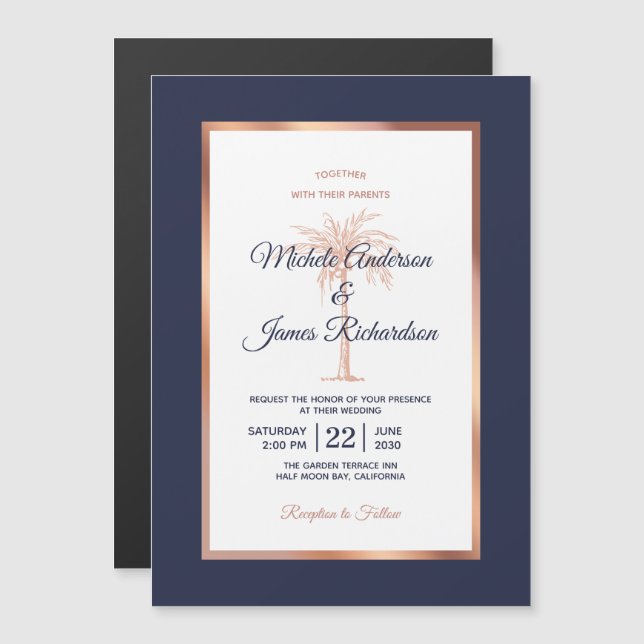 Rose Gold Copper Navy Blue Palm Tree Beach Hochzei Magneteinladung (Vorne/Hinten)