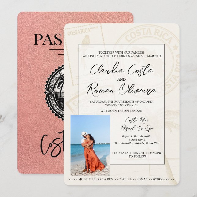 Rose Gold Costa Rica Passport Hochzeit Einladung (Vorne/Hinten)