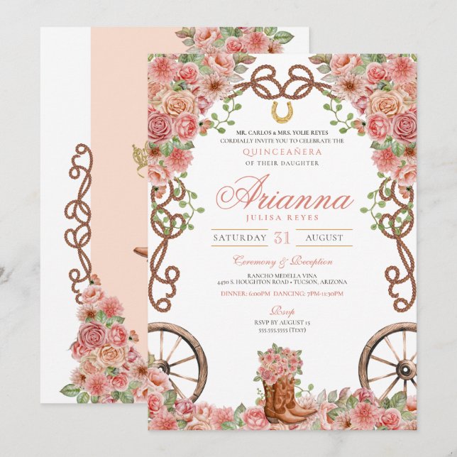 Rose Gold Country Western Charra Ranch Quinceañera Einladung (Vorne/Hinten)
