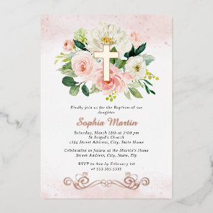 Rose Gold Cross Blumengymnastik Rosa Taufe Folieneinladung