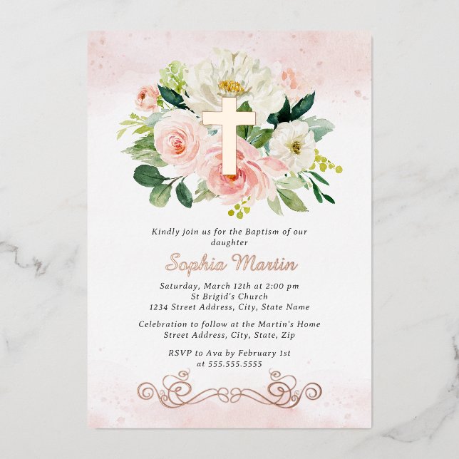 Rose Gold Cross Blumengymnastik Rosa Taufe Folieneinladung (Vorderseite)