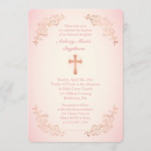 Rose Gold Cross Pink Baptism Photo Invitation