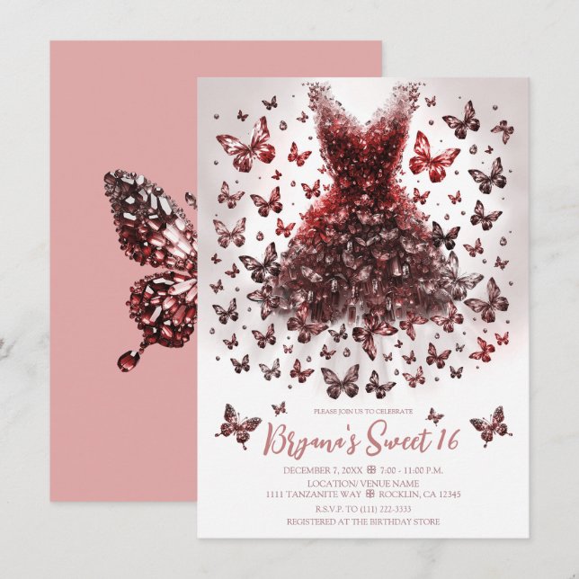 Rose Gold Crystal Butterfly Dress Einladung (Vorne/Hinten)
