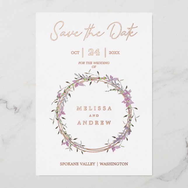 Rose Gold Custom Lilac Fancy Garland Wreath Folieneinladung (Vorderseite)
