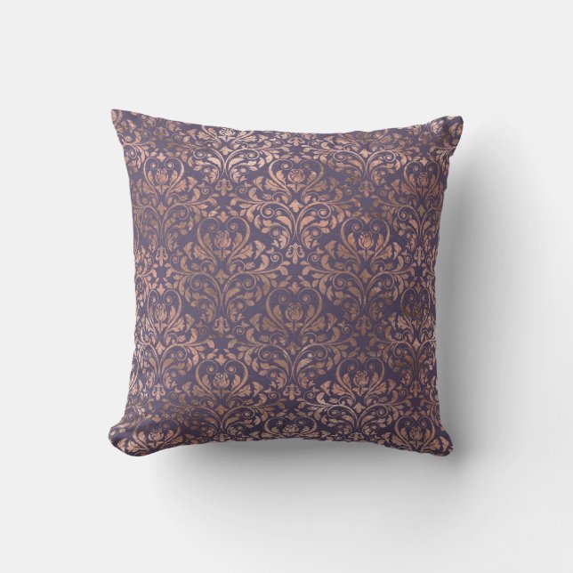Rose Gold Damask auf Lila Kissen (Vorderseite)