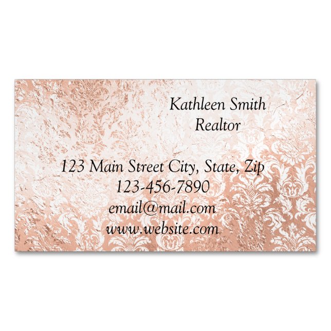 Rose Gold Damask Elegantes Skript Magnetische Visitenkarte (Vorderseite)