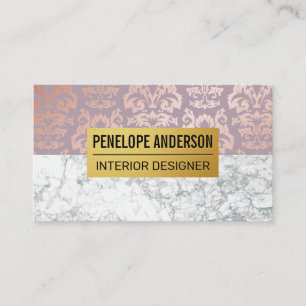 Rose Gold Damask Metallisches Muster Weißer Marm Visitenkarte