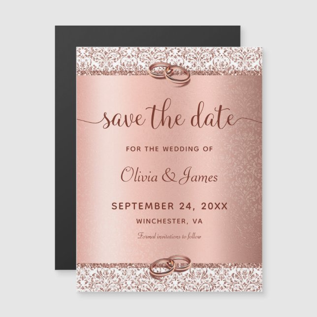 Rose Gold Damask Script Hochzeit speichern das Dat Magneteinladung (Vorne/Hinten)