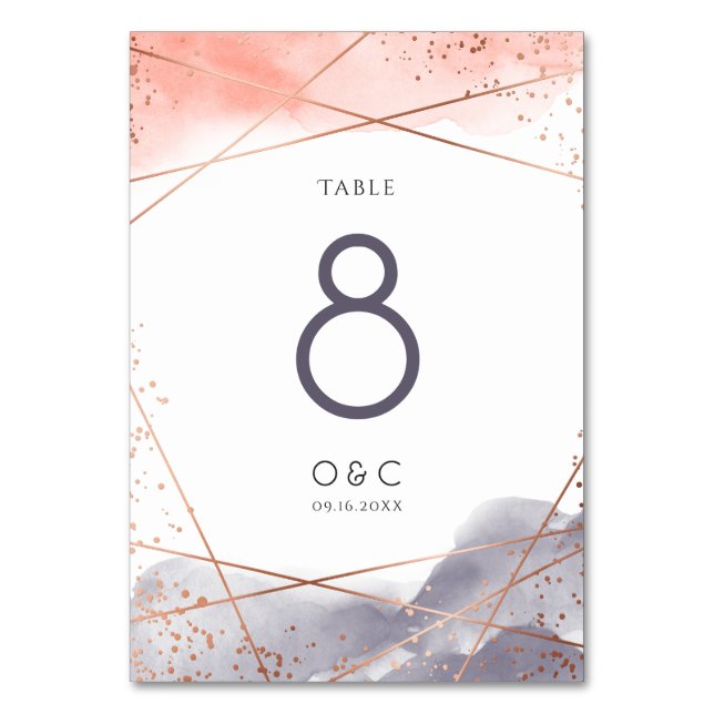 Rose Gold Dawn Wasserfarbe Geometrische Hochzeit Tischnummer (Vorderseite)