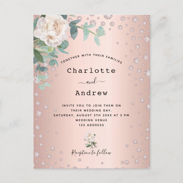 Rose Gold Diamanten Florale Hochzeitseinladung Postkarte (Vorderseite)