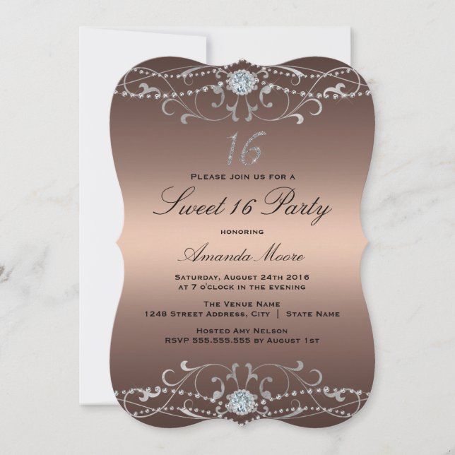 Rose Gold Diamond Damask Sweet 16 Invitation (Devant)