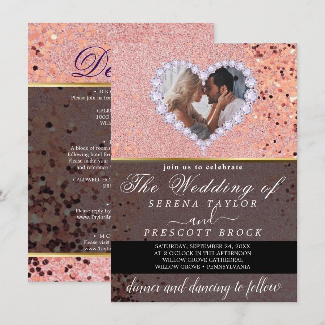 Rose Gold Diamond Herz Custom Foto Hochzeit Einladung (Vorne/Hinten)