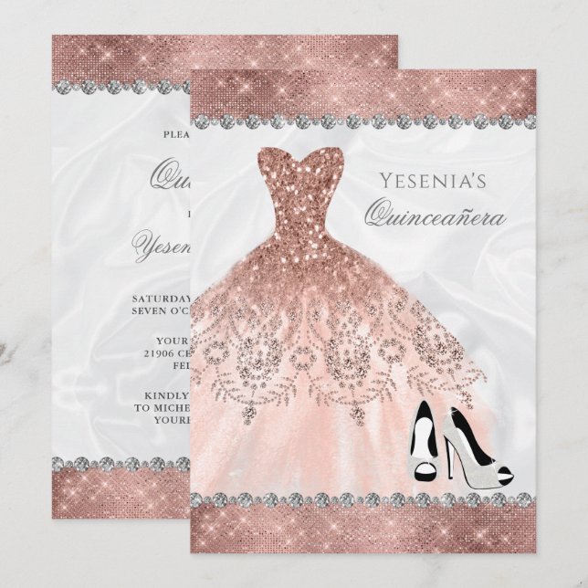 Rose Gold Diamond Sparkle Glam Quinceanera Einladung (Vorne/Hinten)