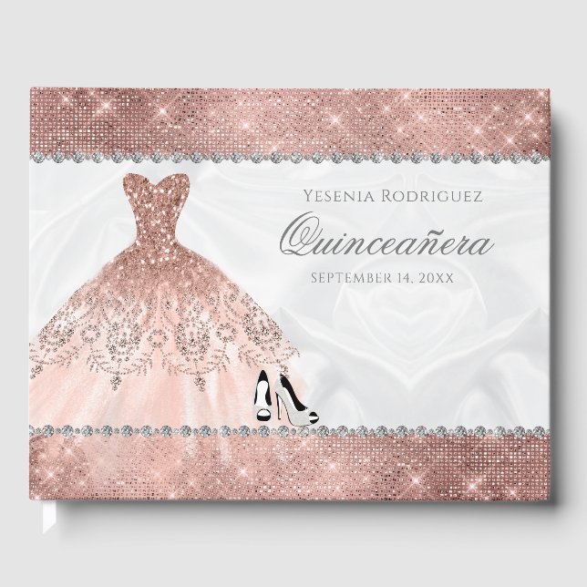 Rose Gold Diamond Sparkle Glam Quinceanera Gästebuch (Vorderseite)