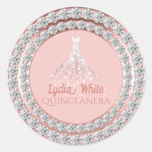Rose Gold Diamonds Sparkkleid Quinceanera Runder Aufkleber