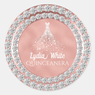 Rose Gold Diamonds Sparkkleid Quinceanera Runder Aufkleber