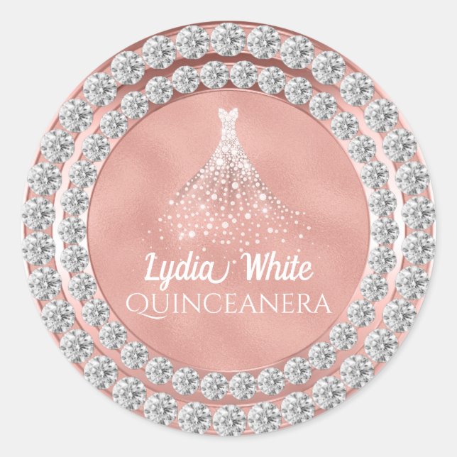 Rose Gold Diamonds Sparkkleid Quinceanera Runder Aufkleber (Vorderseite)