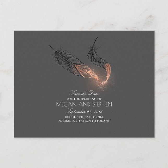 Rose Gold Dipped Feathers Chic Save the Date Ankündigungspostkarte (Vorderseite)