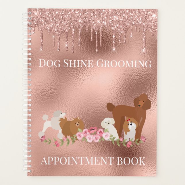 Rose Gold Dog Grooming Glitzer Pet Services Planer (Vorderseite)