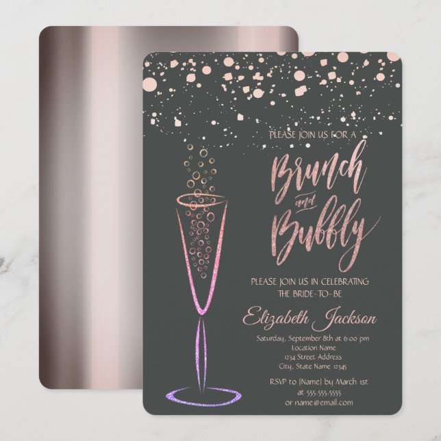Rose Gold Dots Champagner Glass Brautparty Einladung (Vorne/Hinten)