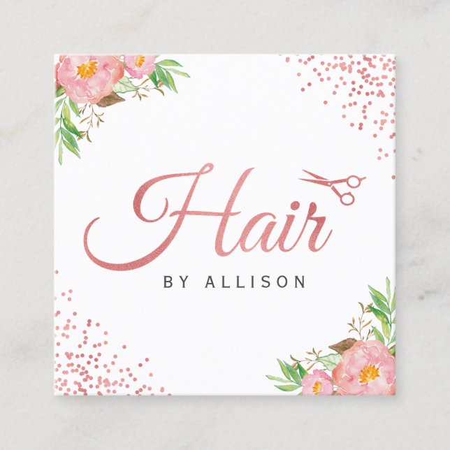Rose Gold Dots Scheren Blumenhaar Stylist Quadratische Visitenkarte (Vorderseite)