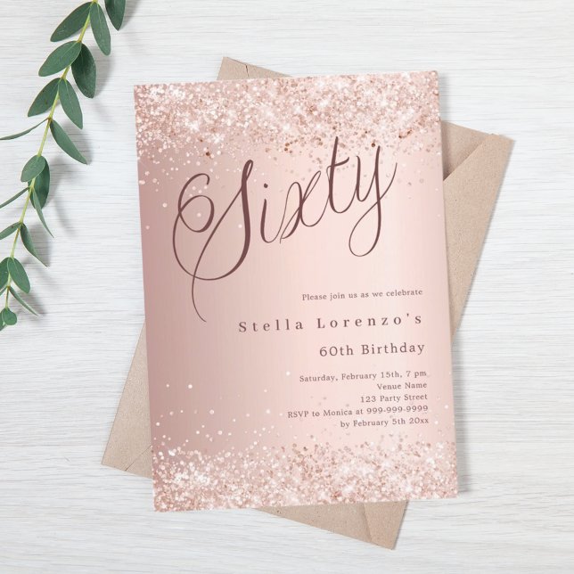 Rose Gold Drehbuch elegante Konfetti 60. Geburtsta Einladung (Von Creator hochgeladen)
