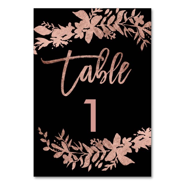 Rose Gold Drehbuch Floral Black Hochzeit Tischnumm Tischnummer (Vorderseite)