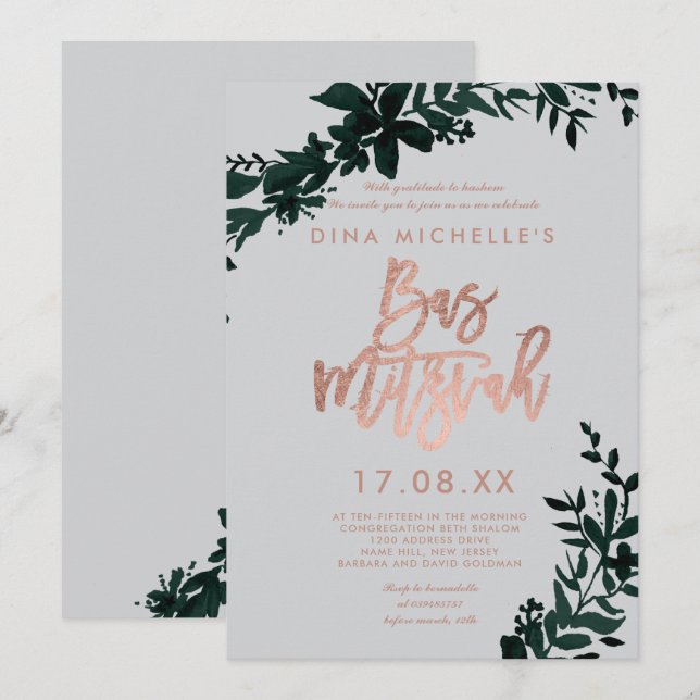 Rose Gold Drehbuch Floral Grey Bas Mitzvah Einladung (Vorne/Hinten)