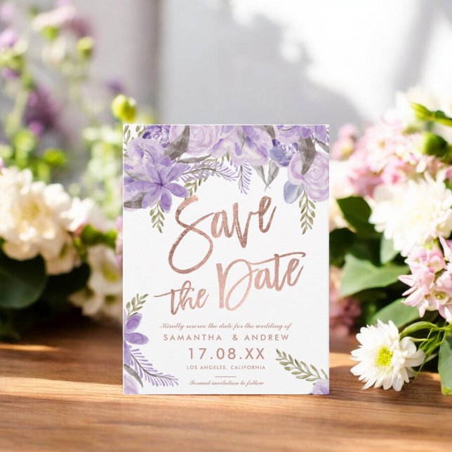 Rose Gold Drehbuch Floral Lavendel Save the Date Ankündigungspostkarte (Rose gold script Floral lavender save the date Announcement Postcard)