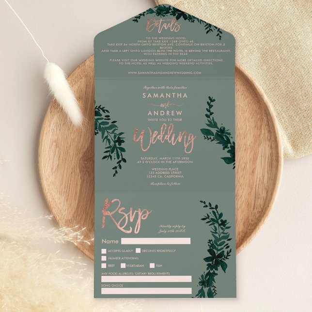 Rose Gold Drehbuch Floral Salbei Grün Hochzeit All In One Einladung (Von Creator hochgeladen)