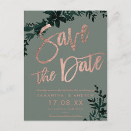 Rose Gold Drehbuch Floral Salbei Save the Date Ankündigungspostkarte