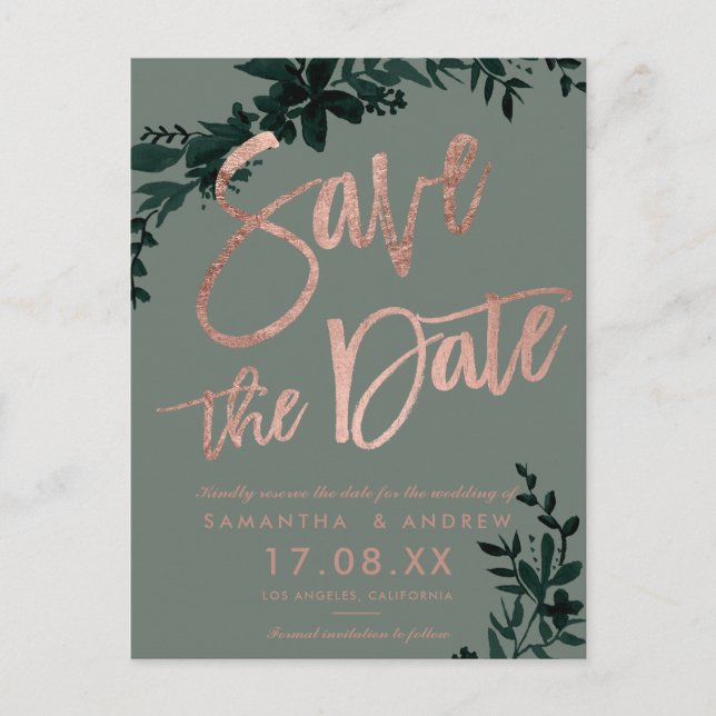 Rose Gold Drehbuch Floral Salbei Save the Date Ankündigungspostkarte (Vorderseite)