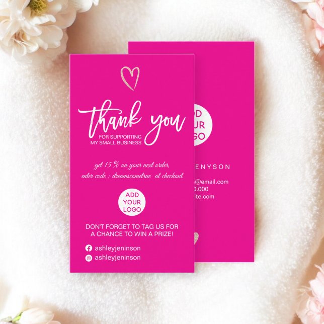 Rose gold Drehbuch Herz rosa Logo Bestellung Danke Visitenkarte (Rose gold script heart pink logo order thank you business card)