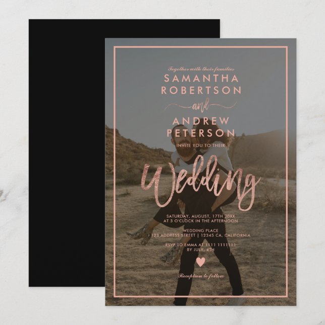 Rose Gold Drehbuch Rahmen Foto Hochzeit Einladung (Vorne/Hinten)