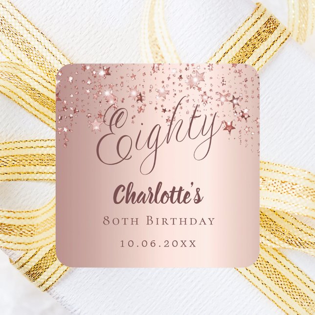 Rose Gold Drehbuch Stars 80. Geburtstag Quadratischer Aufkleber (Von Creator hochgeladen)