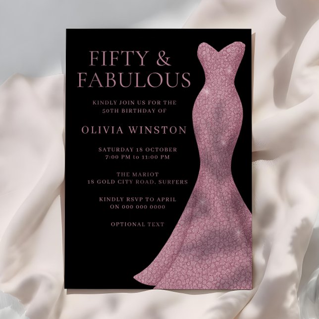 Rose Gold Dress & Black Womans 50. Geburtstag Einladung (Von Creator hochgeladen)