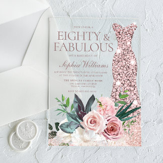 Rose Gold Dress Blush Floral 80. Geburtstagsparty Acryleinladungen
