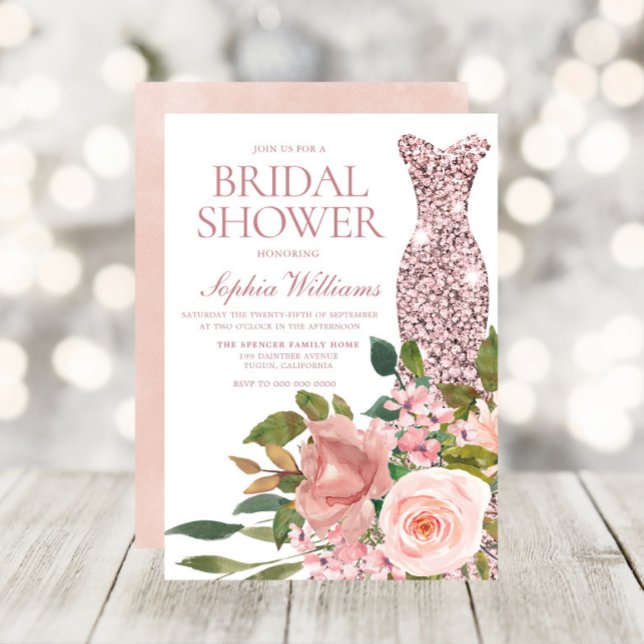 Rose Gold Dress & Blush Pink Blume Brautparty Einladung (Von Creator hochgeladen)