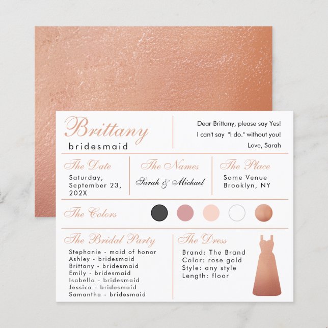 Rose Gold Dress Bridesmaid Information Card (Vorne/Hinten)