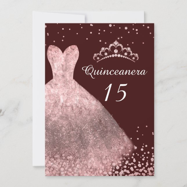 Rose Gold Dress Burgundy Quinceanera Party 15. Einladung (Vorderseite)