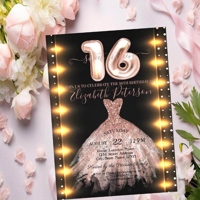 Rose Gold Dress Confetti Lights Sweet 16 Einladung (Von Creator hochgeladen)