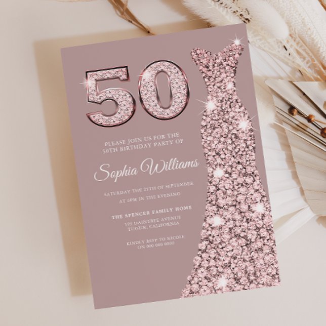 Rose Gold Dress Dusty Pink 50. Geburtstag Einladung (Von Creator hochgeladen)