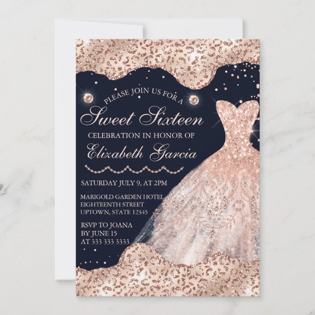 Rose Gold Dress & Glam Edges Sweet 16 Einladung (Vorderseite)