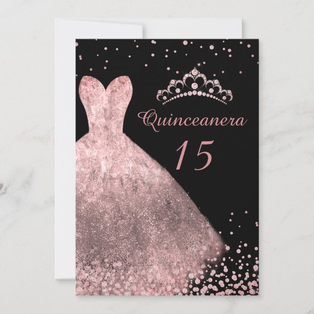Rose Gold Dress Gown Black Quinceanera Party 15. Einladung (Vorderseite)