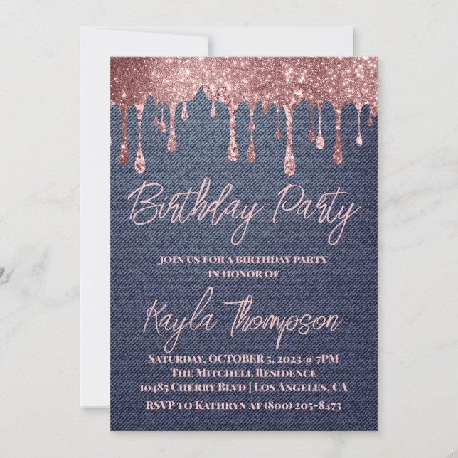 Rose Gold Drift Denim Anniversaire Fête Invitation (Devant)