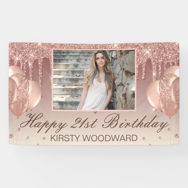 Rose Gold Drilling Glitzer mit Diamanten Geburtsta Banner (Horizontal)