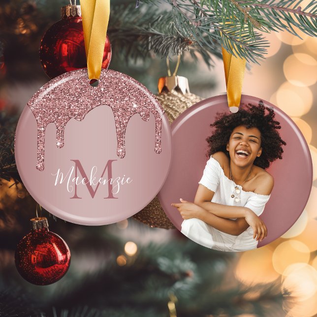 Rose Gold Drilling Glitzer Monogram Foto Keramik Ornament (Rose Gold Dripping Glitter Monogram Photo Ceramic Ornament)
